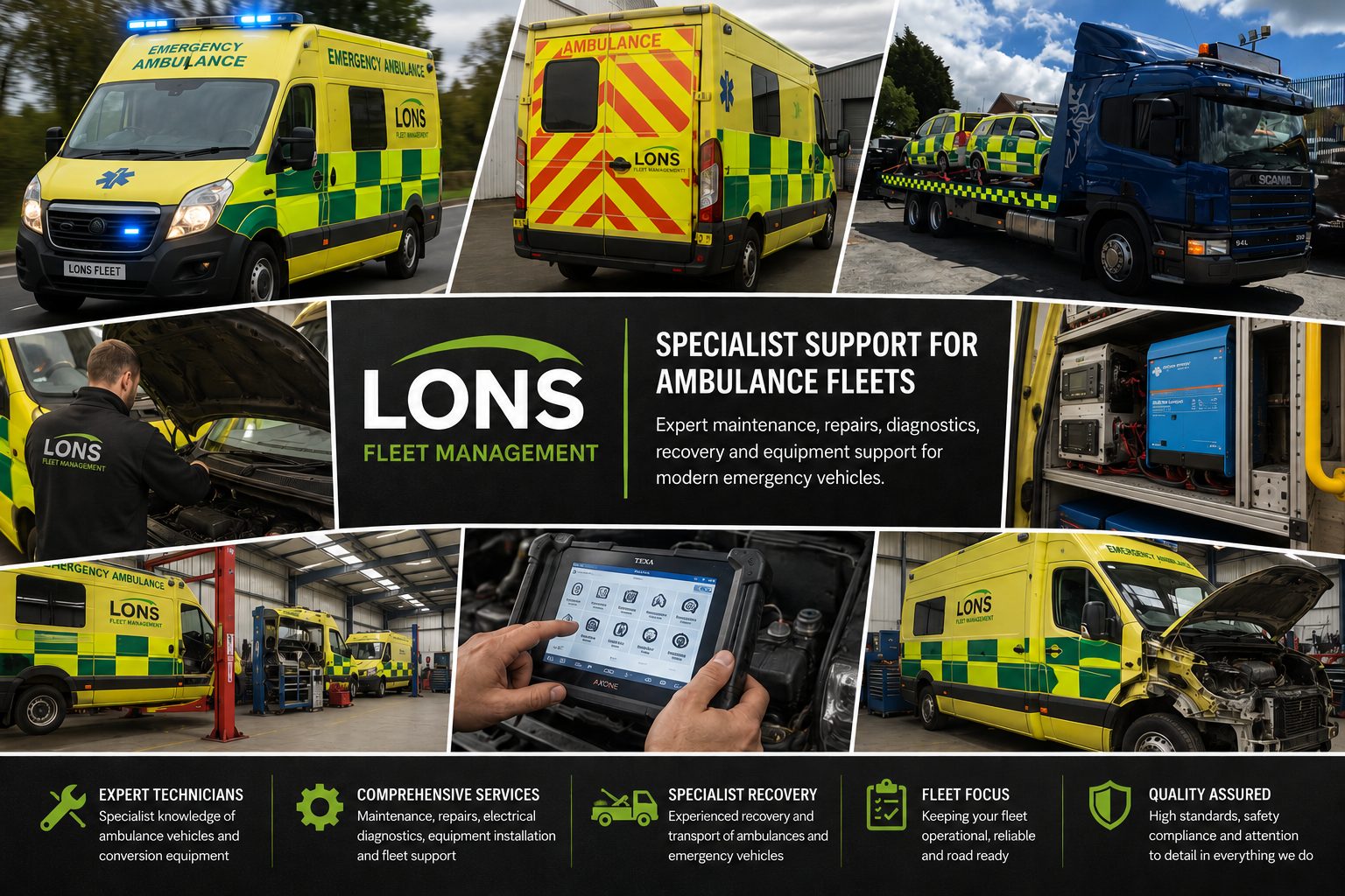 LONS Fleet Management specialist ambulance services: maintenance, repairs, diagnostics, recovery and equipment support